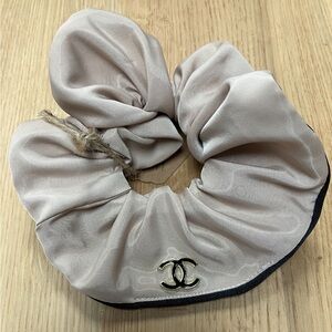 Beige Satin Logo Scrunchie